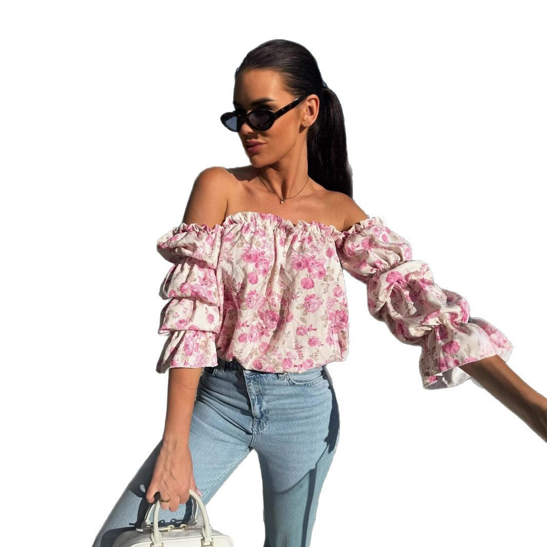 Damen Off-Shoulder Bluse mit Rüschendetails und floralen Mustern EB