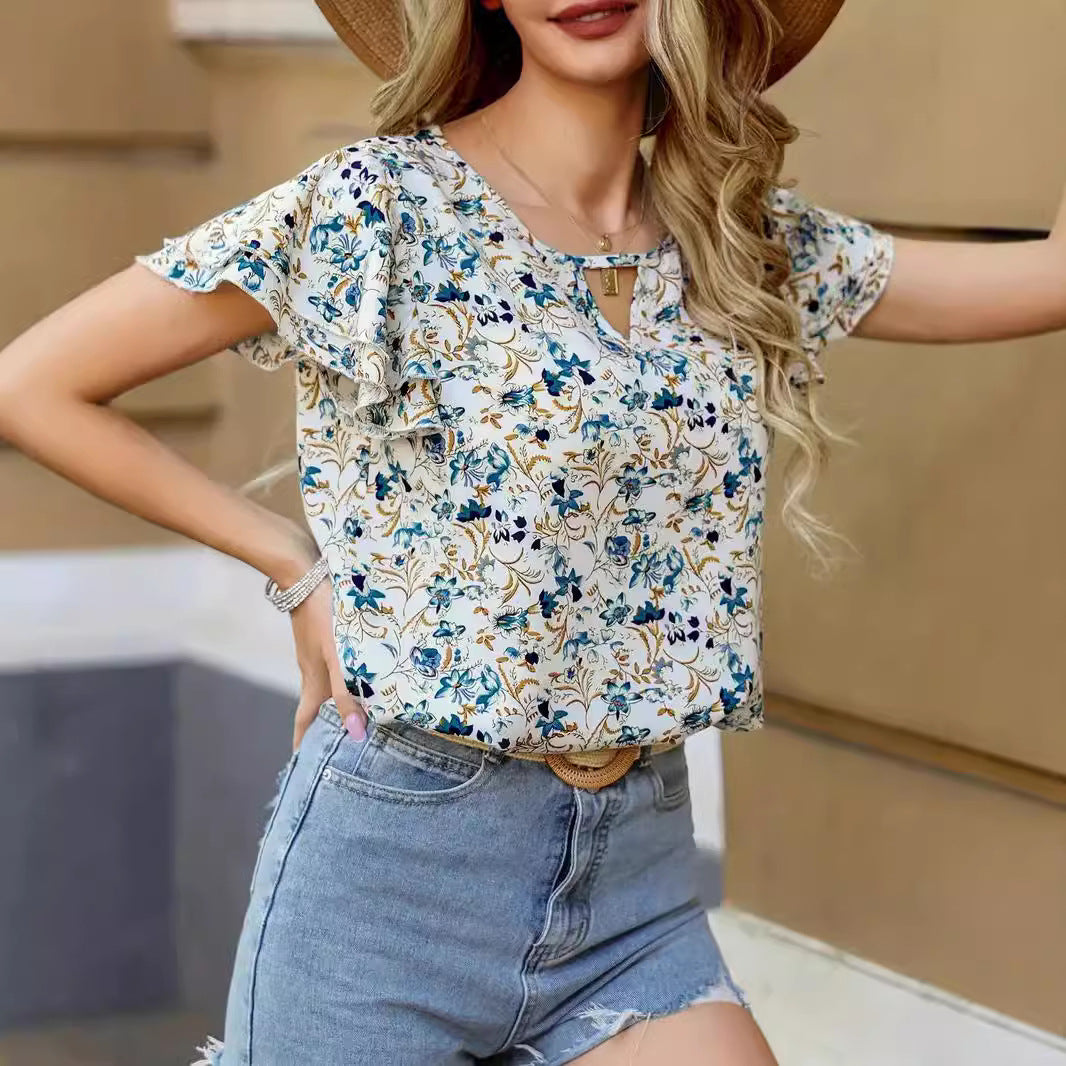 Damen Verspielte Bluse mit Rüschendetails und floralem Muster EB