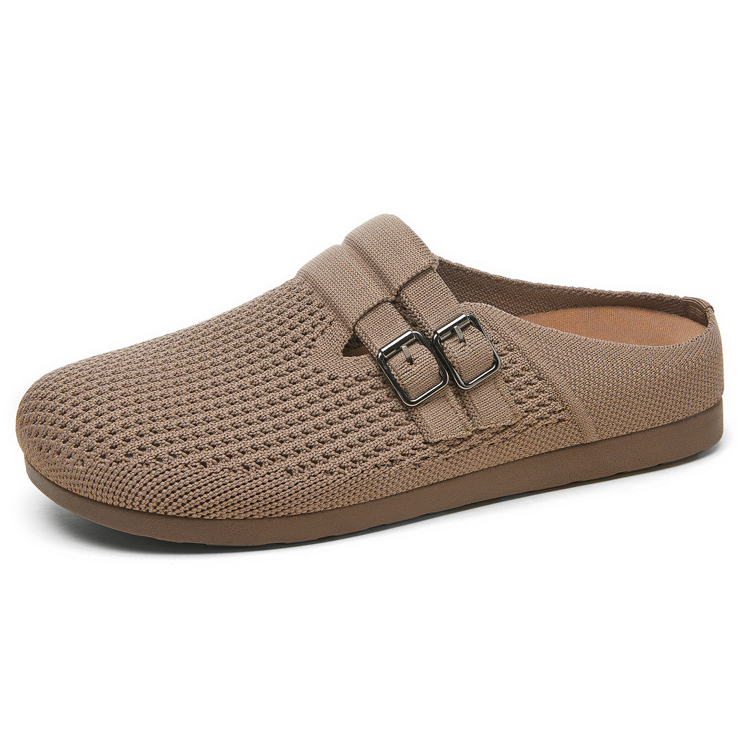Damen nan gestrickter Clog-Mule mit doppelter Metallschnalle, atmungsaktivem 3D-Strickoberteil und ergonomischem Memory-Fußbett EB
