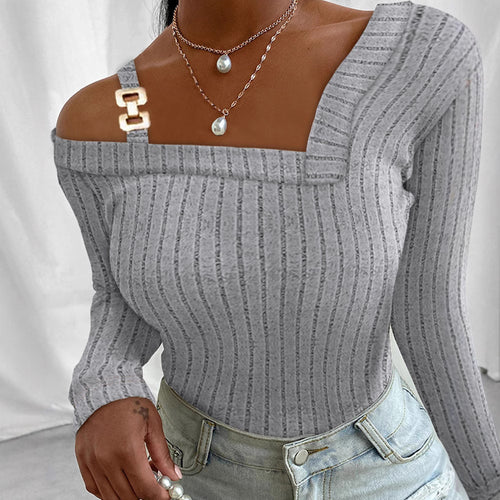 Damen Langarm-Oberteil mit asymmetrischem Ausschnitt und dekorativem Design EB