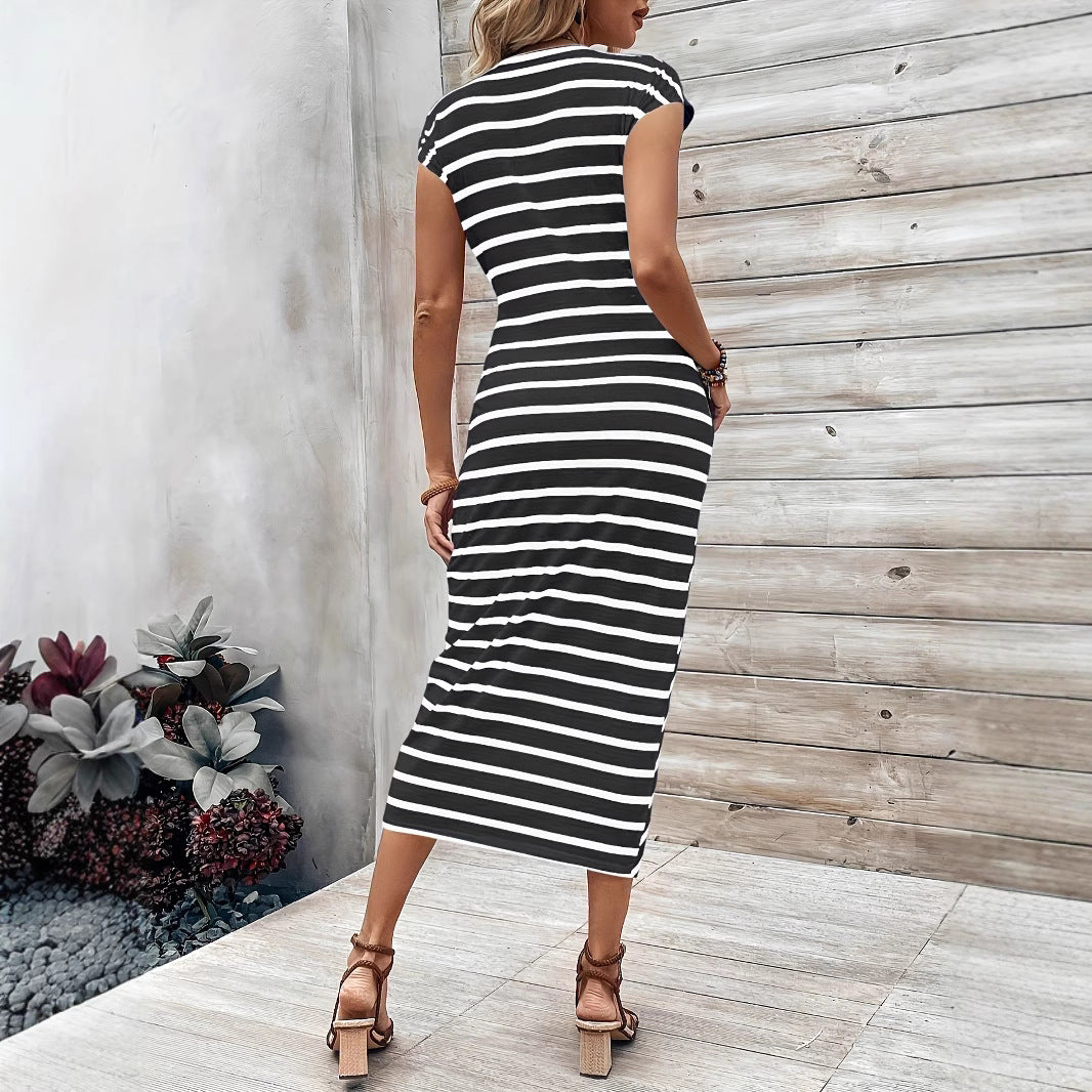 Damen Wickelmaxikleid mit Streifenmuster und elegantem Bund EB