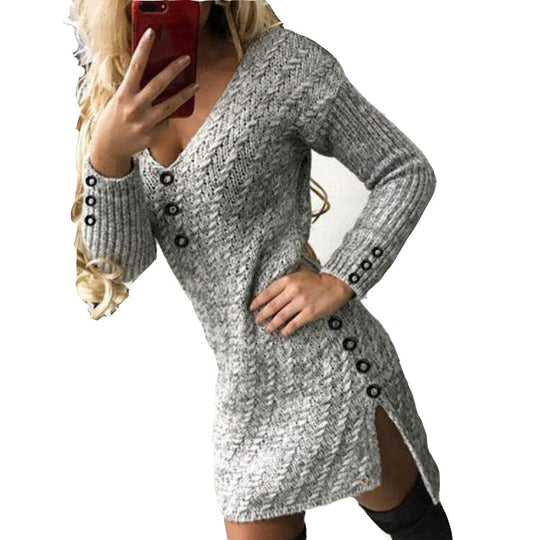 Damen Strickkleid mit V-Ausschnitt und Knopfdetails EB
