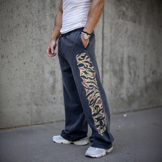 Herren nan weite Jogginghose mit elastischem Bund, Seitentaschen und detailreichem Schädel- und Rosenmotiv EB
