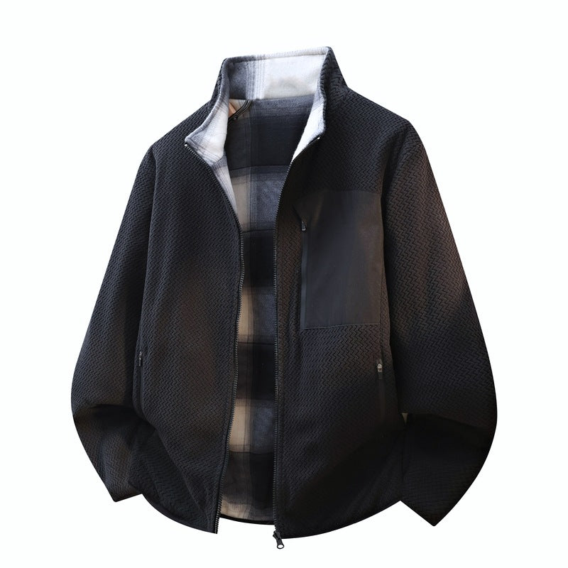 Herren strukturierte Fleece-Overlayerjacke mit kontrast-Brusttasche und Zwei-Wege-Reißverschluss EB