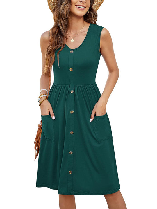 Damen Knielanges Sommerkleid mit Knopfdetails und praktischen Taschen EB