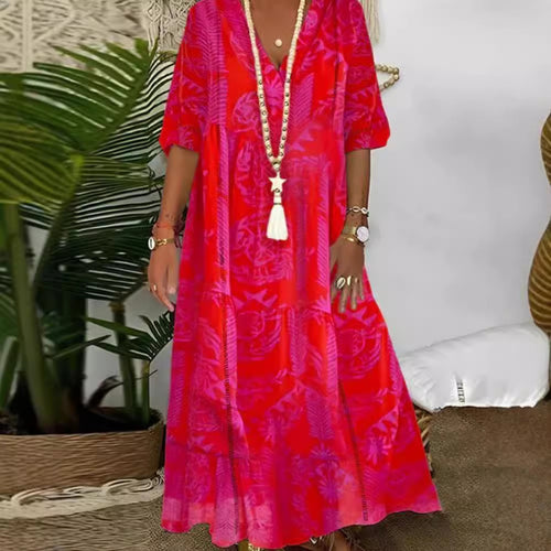 Damen nan Boho-Langkleid mit tiefem V-Ausschnitt, Stufenschnitt und legerer Oversize-Passform EB