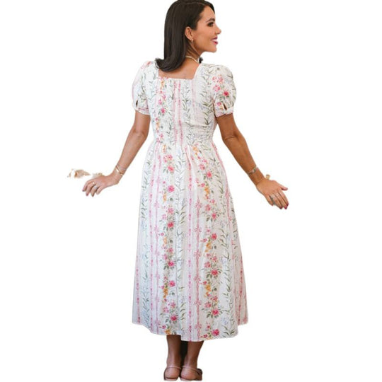 Damen Maxikleid mit floralem Design und langen Puffärmeln EB