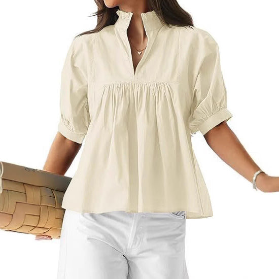 Damen elegante kurzärmlige Bluse mit Rüschendetails und lässigem Schnitt EB