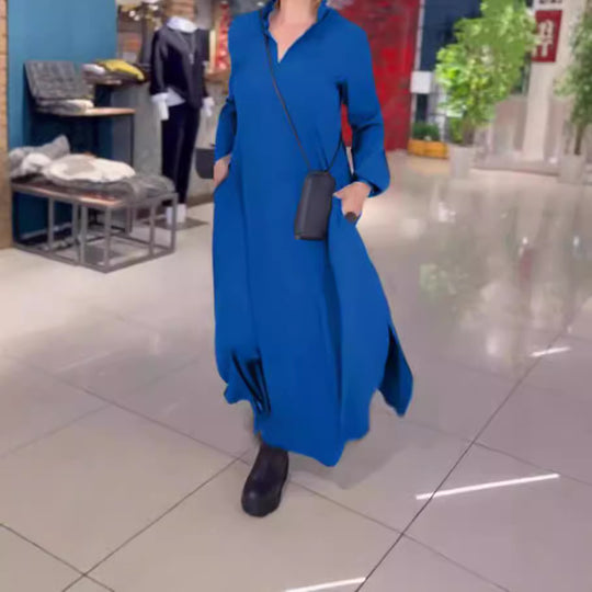 Damen nan fließendes Maxikleid mit V-Ausschnitt, kastiger A-Linie und langen Ärmeln EB