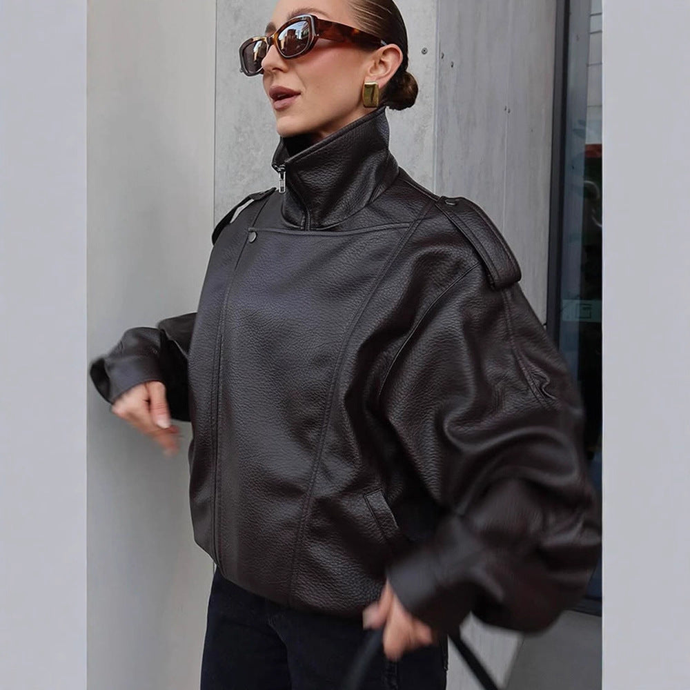 Damen Oversized Kunstlederjacke mit hohem Kragen und voluminösen Ärmeln EB