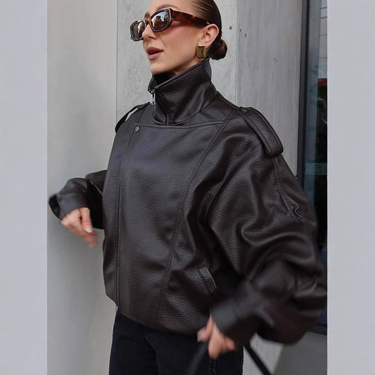 Damen Oversized Kunstlederjacke mit hohem Kragen und voluminösen Ärmeln EB