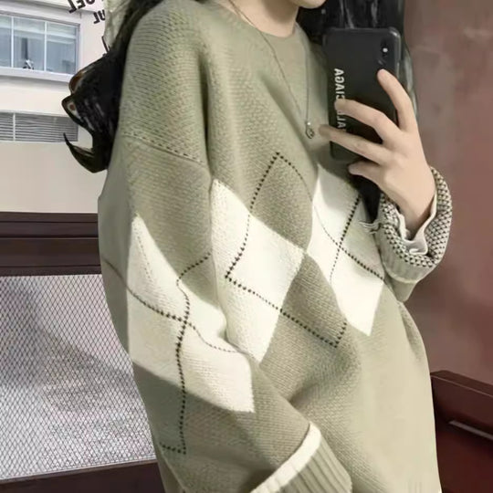 Damen Grobstrickpullover mit modernen Rautenmustern und weitem Schnitt EB