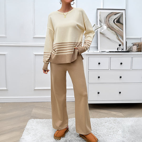Damen nan lässiges Strick-Lounge-Set mit gestreiftem Rundhals-Pullover, Raglanärmeln und weiten taillenhohen Hosen EB