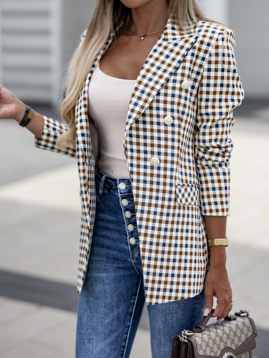 Damen elegante Blazerjacke im karierten Design mit Doppeltasten EB