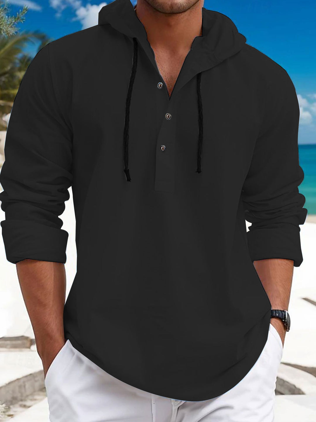 Herren Kapuzenpullover mit Knopfleiste und atmungsaktivem Stoff EB