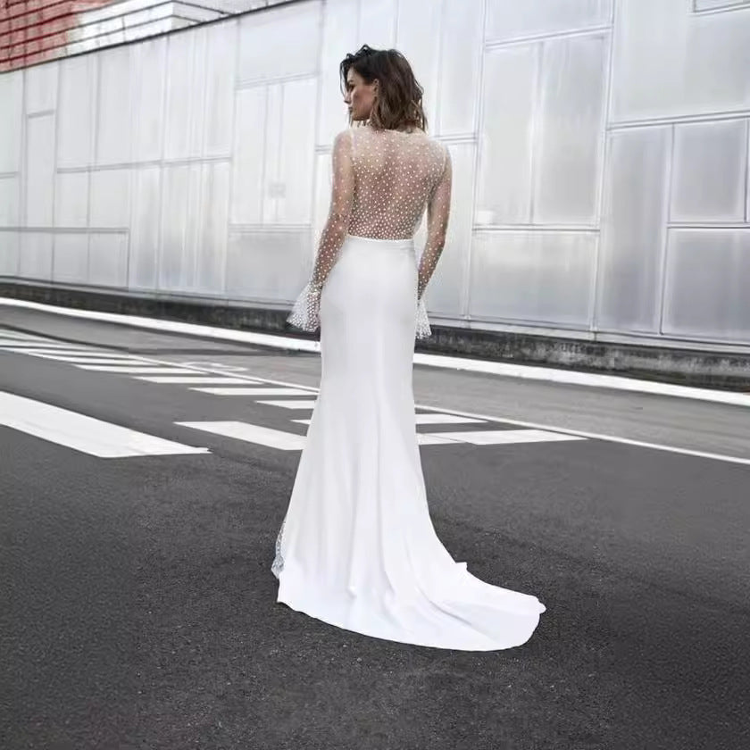 Damen Hochgeschlitztes Abendkleid mit transparentem Oberteil und Perlenapplikationen EB