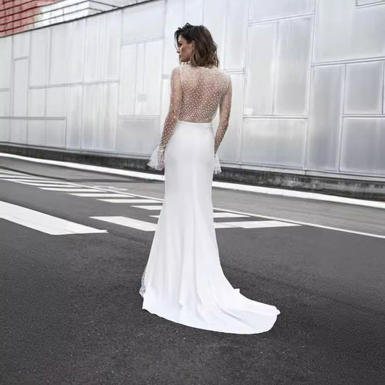 Damen Hochgeschlitztes Abendkleid mit transparentem Oberteil und Perlenapplikationen EB