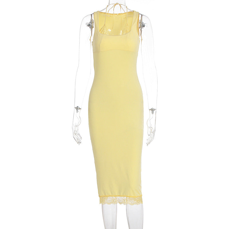 Damen Elegantes Langarm-Kleid mit Spitzenbordüre EB