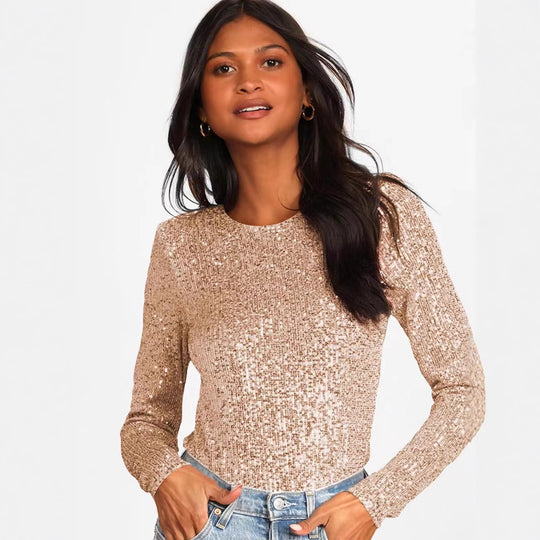 Damen Glitzerndes Bodysuit mit langen Ärmeln und schimmerndem Obermaterial EB