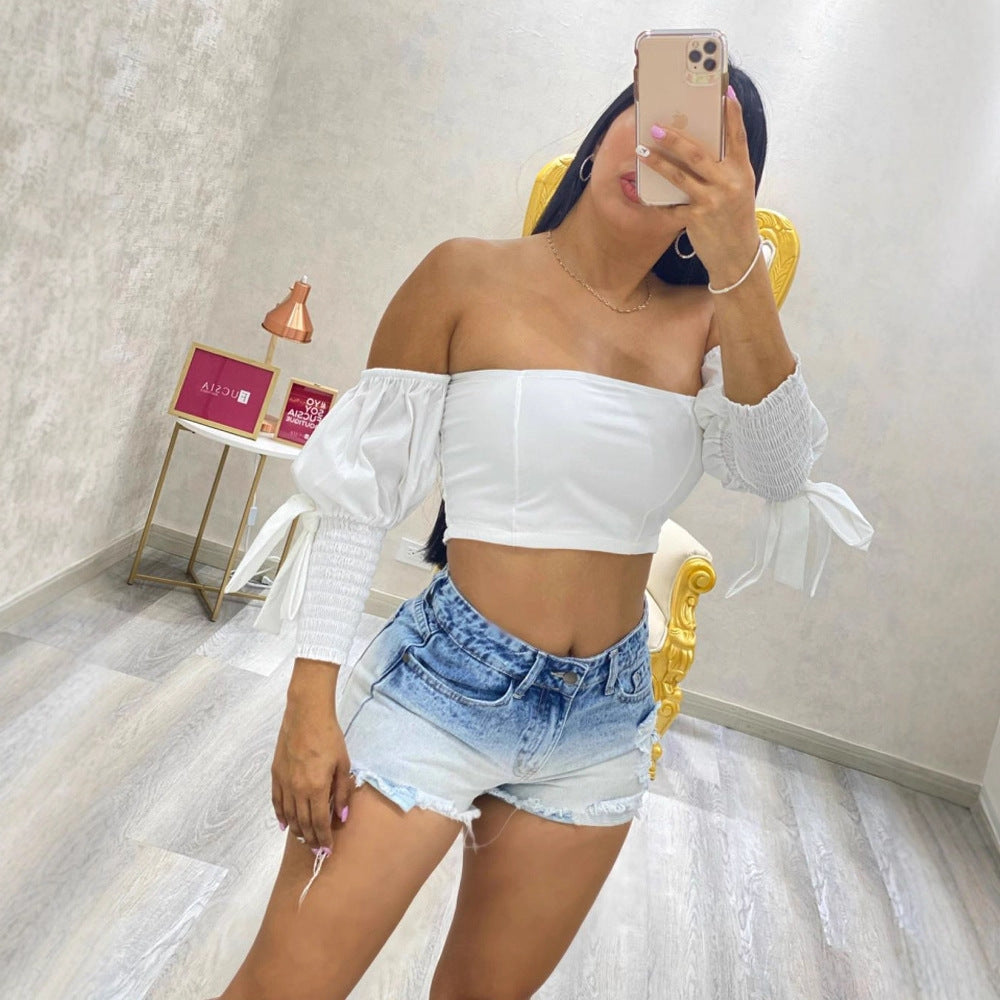 Damen Crop Top mit Puffärmeln und elastischen Bündchen EB