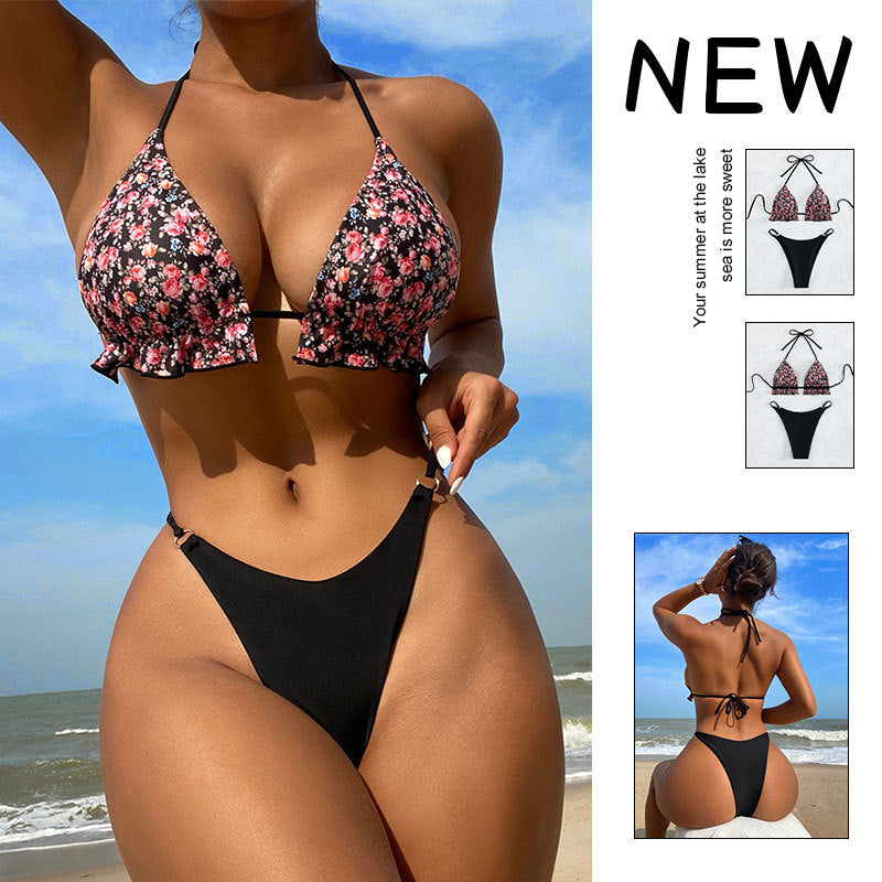 Damen Triangel-Bikini mit Rüschendetails und floralem Muster EB