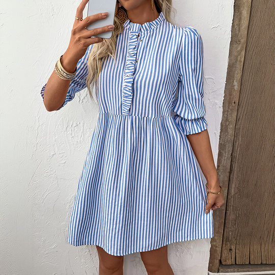 Damen Gestreiftes Leinen-Kurzkleid mit Rüschendetail EB