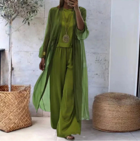 Damen nan eleganter Chiffon-Zweiteiler mit weiter geschnittener Palazzohose und langem Kimono-Überwurf EB