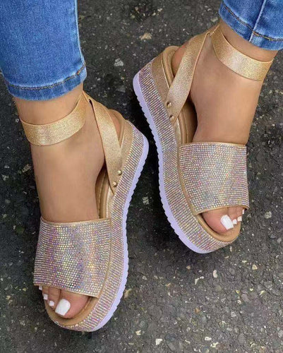 Damen Glamouröse Sandalen mit funkelndem Strass und hohem Plateau EB