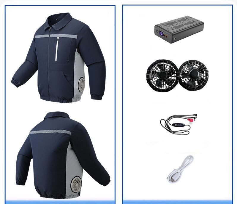 Unisex nan ventilated work cooling jacket with side vent inserts, removable battery compartment and reflective inserts EB