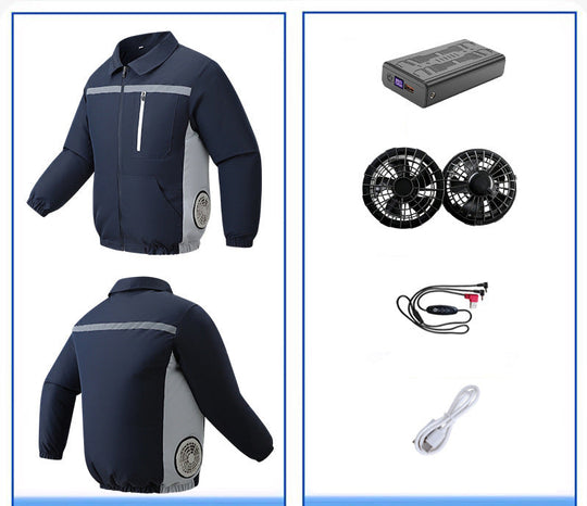 Unisex nan ventilated work cooling jacket with side vent inserts, removable battery compartment and reflective inserts EB