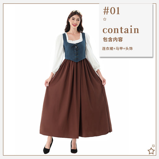 Damen nan historisches Mittelalterkleid mit geschnürter Miederweste, rüschiger Bluse und weitem Maxirock EB