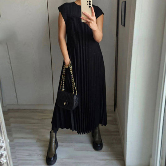 Damen Plissee Maxikleid mit praktischem Taschen und elegantem Schnitt EB
