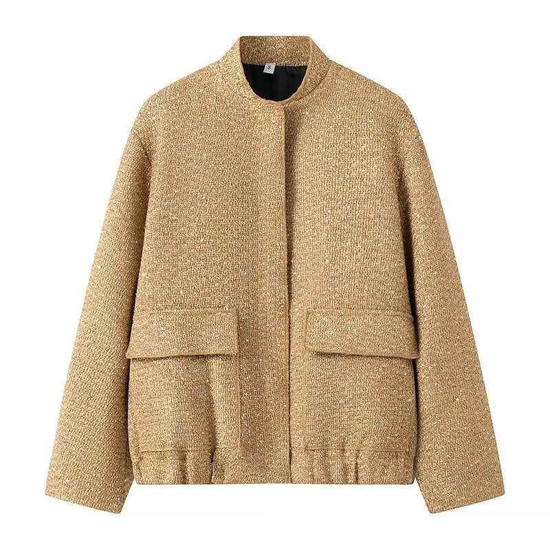 Damen nan strukturierte Boucléjacke mit Stehkragen, aufgesetzten Taschen und elastischem Saum EB