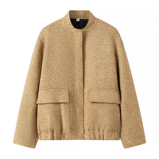 Damen nan strukturierte Boucléjacke mit Stehkragen, aufgesetzten Taschen und elastischem Saum EB