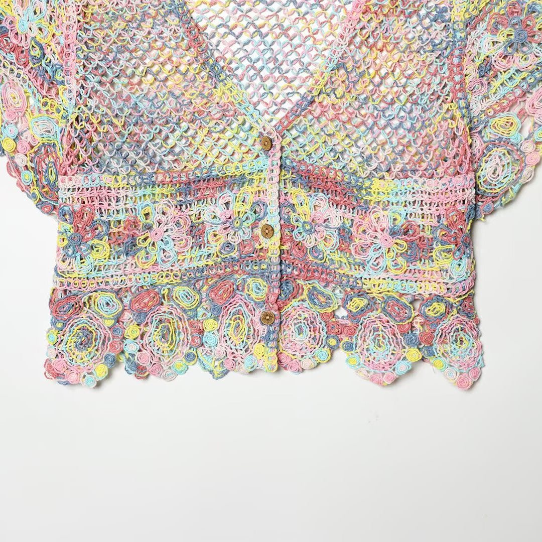 Damen luftiger Spitzen-Crochet-Cardigan mit buntem Häkelmuster EB