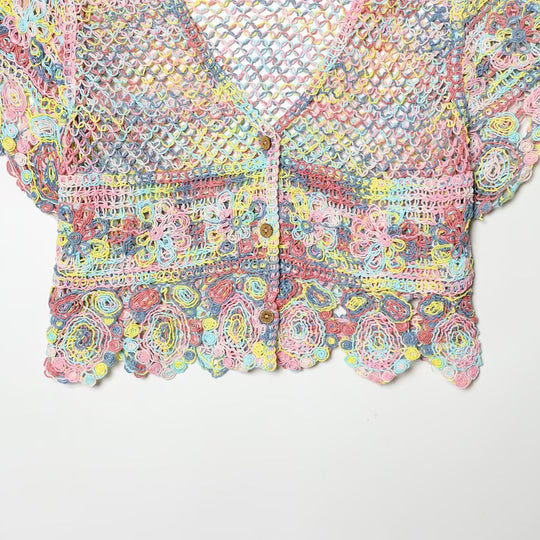 Damen luftiger Spitzen-Crochet-Cardigan mit buntem Häkelmuster EB