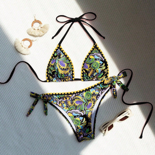 Damen Triangel-Bikini mit buntem Print und verstellbaren Trägern EB