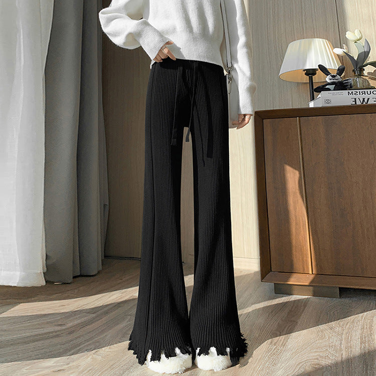 Damen weite Ripp-Pullover-Hose mit fransigem Saum EB