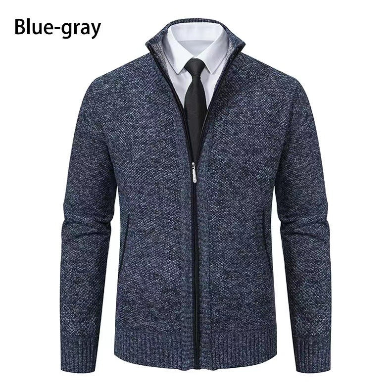 Herren nan melierte Strickzipjacke mit hohem Stehkragen, feiner Struktur und verdeckten Eingrifftaschen EB