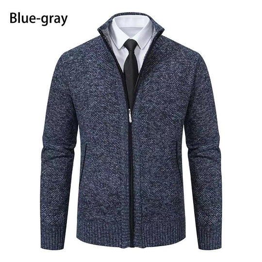 Herren nan melierte Strickzipjacke mit hohem Stehkragen, feiner Struktur und verdeckten Eingrifftaschen EB