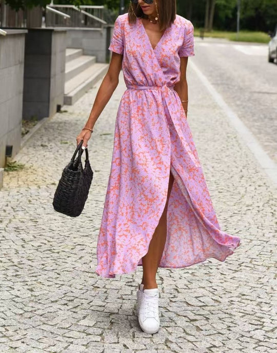 Damen Maxikleid mit Polka-Dots und seitlichem Schlitz EB
