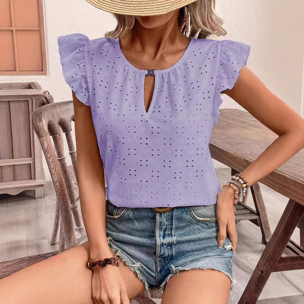 Damen Bluse mit Rüschendetails und verspieltem Lochmuster EB