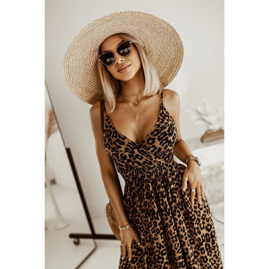 Damen Sleek Leopardenmuster Maxi Kleid EB