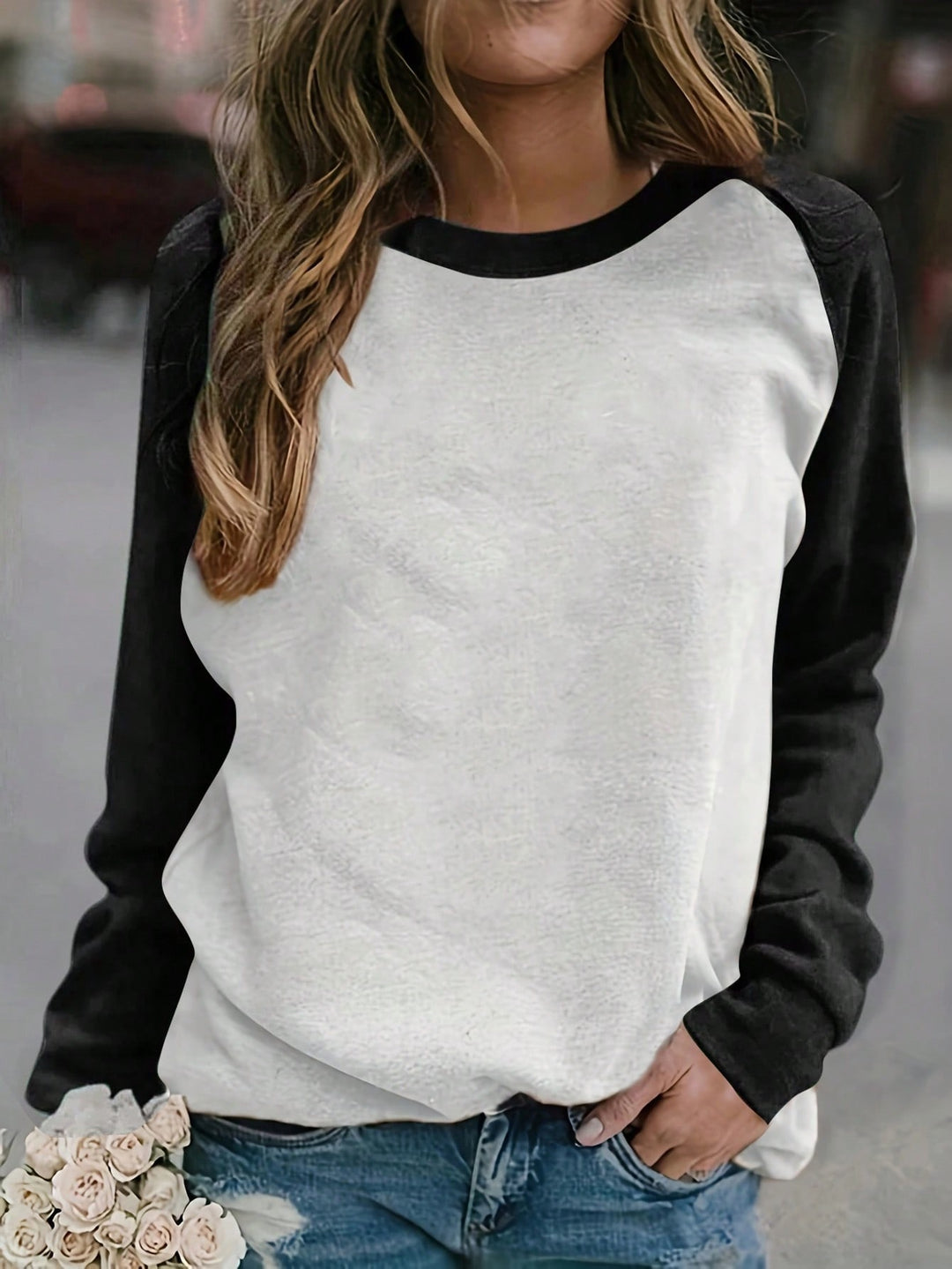 Damen lässiger Raglan-Pullover aus weichem Baumwollmix mit Rundhalsausschnitt EB
