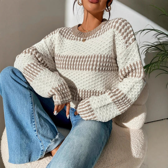 Damen Strickpullover mit strukturierter Oberfläche und modischen Streifen EB