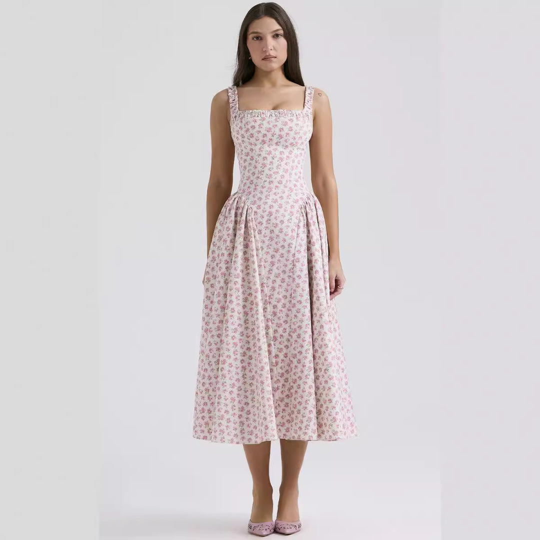 Damen Midi-Kleid mit floralem Muster und angeschnittenem Rock EB