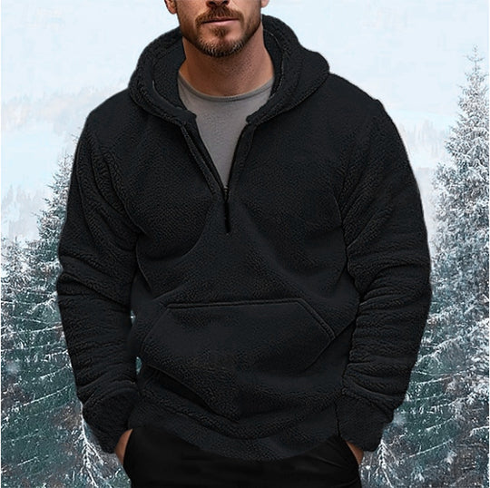Herren nan sherpa fleece-hoodie mit halbem Reißverschluss, Kapuze und großer Kängurutasche EB