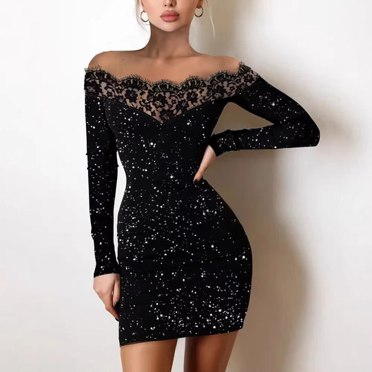 Damen Offshoulder Kleid mit Spitzenbesatz EB