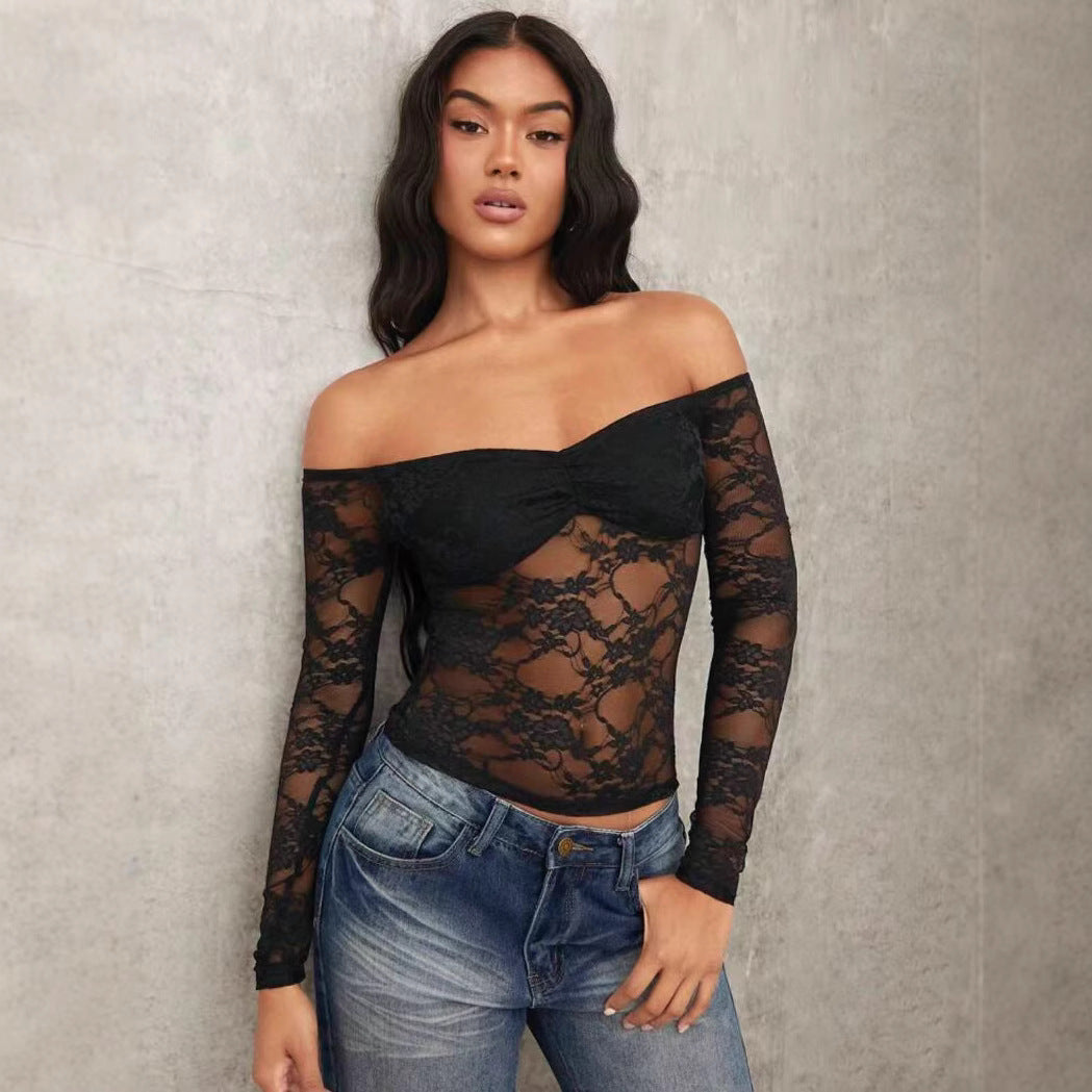 Damen Off-Shoulder Spitzenoberteil mit langen Ärmeln und romantischen Details EB
