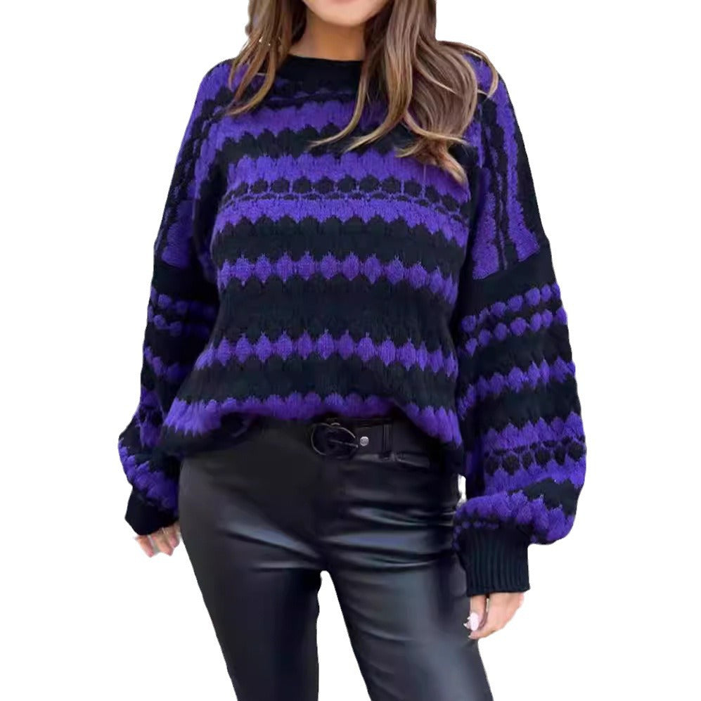 Damen gemütlicher Strickpullover mit modernem Zopfmuster und grafischen Akzenten EB